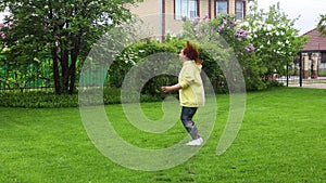 Smiling and glad plus size fat overweight woman doing sport exercises, jumping, dancing. Body positive, self accepatnce