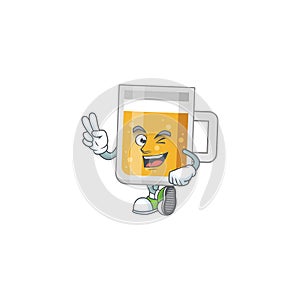 Smiling glass of beer cartoon mascot style with two fingers
