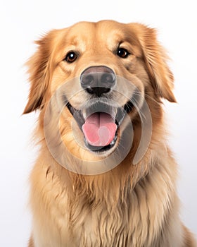 a smiling golden retriever dog on a white background