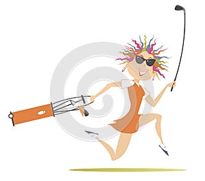 Smiling golfer woman runs to play golf illustration