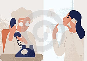 Smiling granddaughter talking to elderly mother or granny on telephone. Family distant communication scene. Women phone