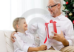 Smiling grandfather and grandson at home