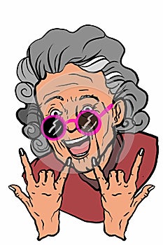 Smiling grandma or old woman characters portrait illustration and making punk symbol  and forever text