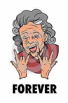 Smiling grandma or old woman characters portrait illustration and making punk symbol  and forever text