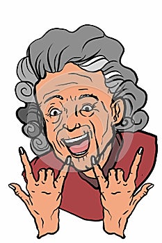 Smiling grandma or old woman characters portrait illustration and making punk symbol and forever text