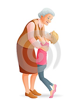 Smiling grandmother hugging her granddaughter. Vector illustration on white background.