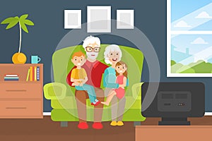 Smiling Grandparents and Grandchildren Sitting on Sofa in Living Room at Home, Grandparents Spending Time with their