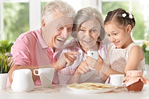 Smiling grandparents with granddaughter using smartphone