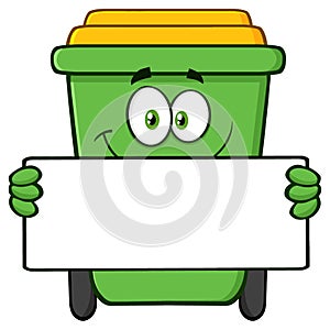 Smiling Green Recycle Bin Cartoon Mascot Character Holding A Blank Sign