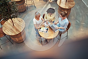 Smiling group of diverse businesswomen working in an office cafe