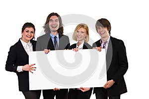 Smiling group of elegance people holding blank placard.