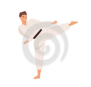 Smiling guy in kimono demonstrate hitting exercise raising leg practicing karate vector flat illustration. Male