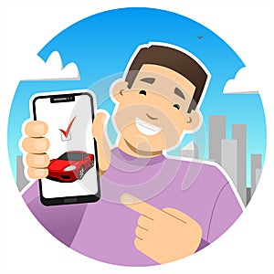 Smiling guy with a phone. Shows the phone screen, points to it with a finger. Bought a car or sold. Red sports car on the phone