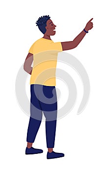 Smiling guy pointing with finger semi flat color vector character