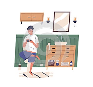 Smiling guy sitting on toilet surfing internet vector flat illustration. Funny male playing game, chatting, scrolling