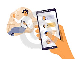 Smiling guy surfing internet use smartphone during smoking vector flat illustration. Human hand holding mobile with