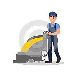 Smiling guy working with vacuum scrubber. Man in blue overall, cap and t-shirt. Flat vector for advertising banner of