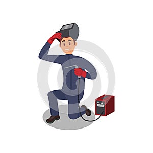 Smiling guy working with welding machine. Young man in protective equipment. Professional at work. Flat vector design