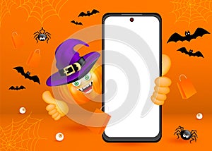 Smiling halloween character orange pumpkin wearing witch hat holding phone and showing thumb up. Editable Vector