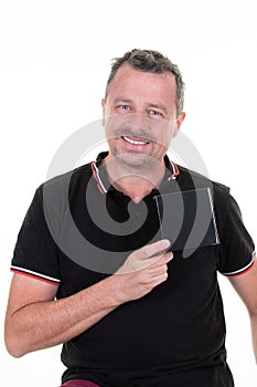 Smiling handsome Man Holding black empty business card ready for text sign logo