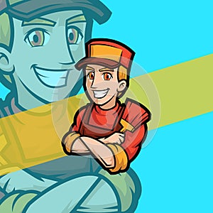 Smiling handyman holding paint brush cartoon emblem logo. Handyman retro vector illustration