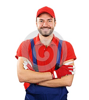 smiling handyman isolated on white background