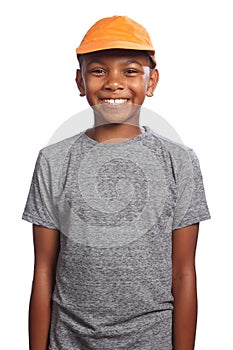 Smiling happy African American boy in orange cap