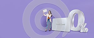 Banner of Asian woman  standing next to credit card with 0% interest installment payment plan photo