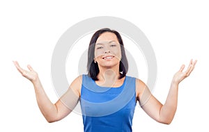 Smiling Happy Beautiful Young Woman Looking Up with Arms Outstre