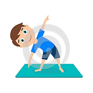 Smiling happy Child boy kid doing gymnastic exercises on a mat isolated on white vector illustration