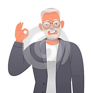 Smiling happy elderly bearded man in glasses shows ok gesture. Old gray-haired successful confident grandfather