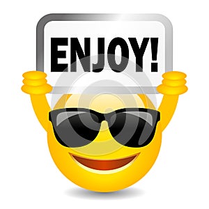 Smiling happy emoji with Enjoy sign