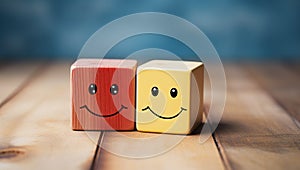 Smiling and happy face on wooden cubes. Positive and negative emotion concept