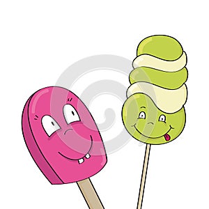 Smiling happy ice creams. Tasty summer refreshment.