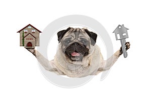 Smiling happy pug puppy dog holding up house key and miniature house