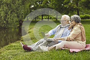 Smiling happy senior active couple sitting in plaids on grass in park looking at laptop screen.