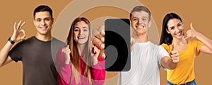 Smiling happy shocked young caucasian people show smartphone with empty screen and thumb up