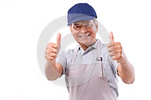 Smiling happy worker giving two thumbs up hand gesture