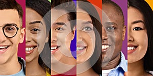 Smiling happy young multiethnic men and women on colorful backgrounds, close up