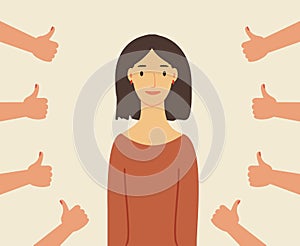 Smiling happy young woman surrounded by hands with thumbs up. Concept of public approval, acknowledgment, acceptance and