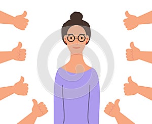 Smiling happy young woman surrounded by hands with thumbs up. Concept of public approval, acknowledgment, acceptance and