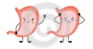 Smiling healthy stomach and sad sick stomach characters. Gastritis, indigestion and ulcer problems. Vector flat cartoon