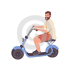 Smiling hipster man cartoon character riding speed electric scooter motorbike isolated on white photo