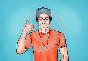 Smiling hipster man in glasses with Like sign.