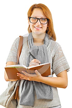 A smiling hipstergirl with notepad