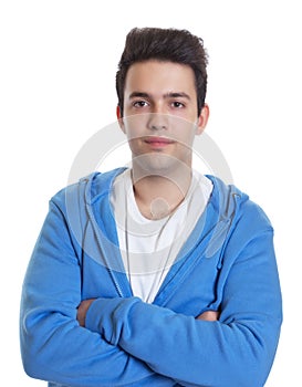 Smiling hispanic guy in a blue hoody