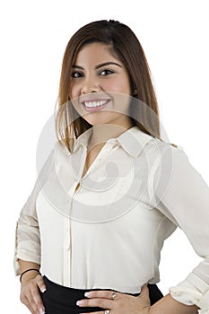 Smiling Hispanic Woman with hands on hips