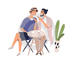 Smiling homosexual couple sit at table in cafe enjoy romantic meeting vector flat illustration. Male pair talk, drink