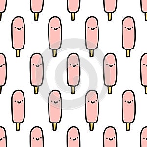 Smiling ice cream hand drawn seamless pattern in cartoon comic style