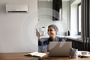 Smiling Indian businesswoman using air conditioner remote controller at home